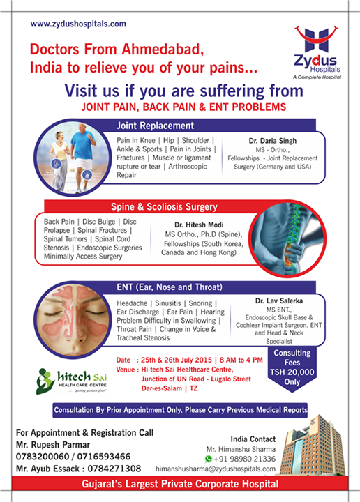 Visit us if you are suffering from Join Pain | Back Pain & ENT problems.

25th & 26th July, 8am to 4pm @ Hi-tech Sai Healthcare Centre, #DaresSalam.

#ZydusHospitals #MedicalProblems #Healing