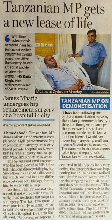 Tanzanian MP, James Mbatia gets a new lease of life with his hip replacement surgery at Zydus Hospitals! 

#HipReplacementSurgergy #ZydusHospitals #Ahmedabad #IntheNews #DNAAhmedabad