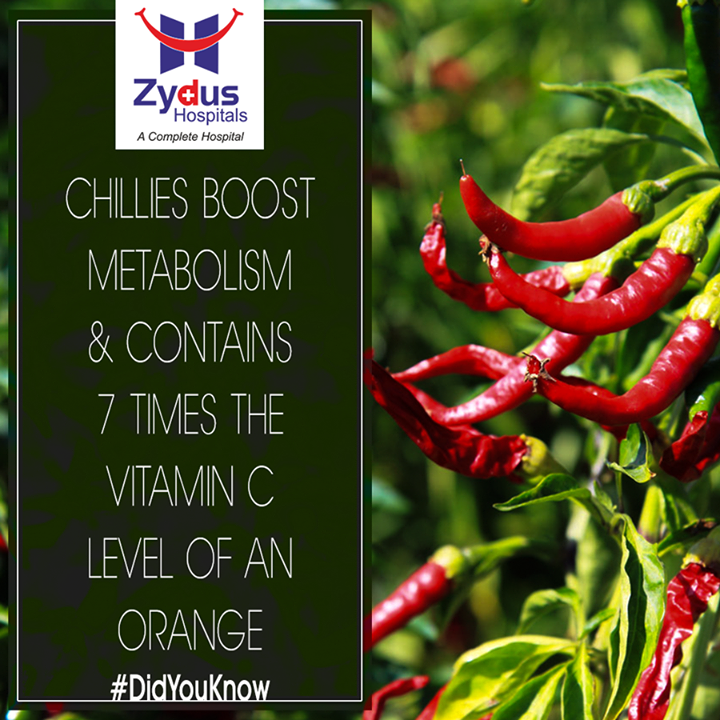 #DidYouKnow

Chillies boost metabolism and contains 7 times the vitamin C level of an orange.

#FoodFacts #ZydusHospitals #Ahmedabad #Gujarat