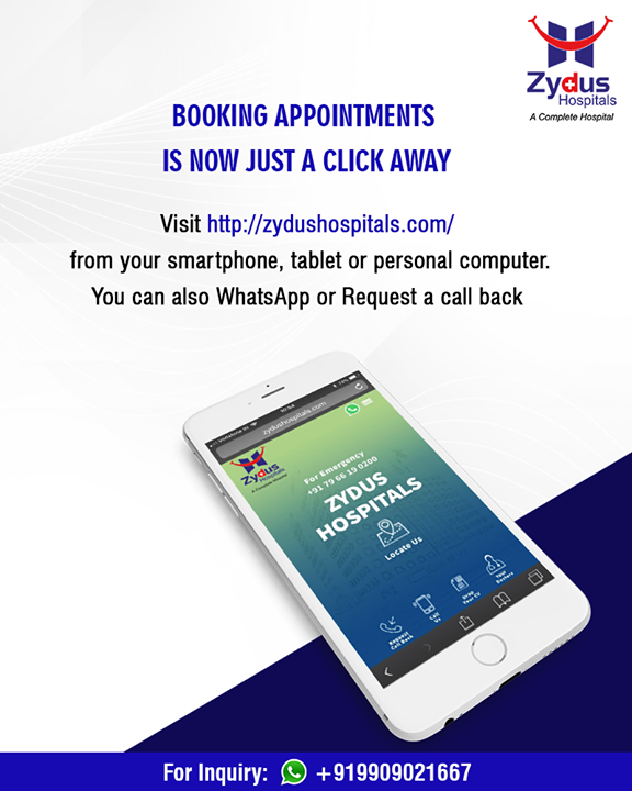 Booking Appointments is now just a click away.
Visit http://zydushospitals.com/ from your smartphone, tablet or personal computer.

#ZydusHospitals #Ahmedabad #MedicalAppointments #PatientFirst