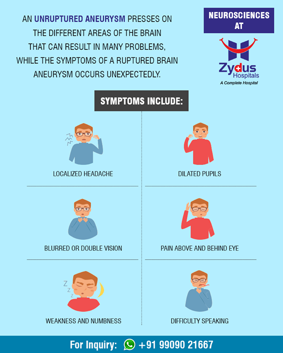 The condition of a brain aneurysm does not result in any symptoms and are usually discovered at the time of some other tests for an unrelated condition.

#NeuroSciences #ZydusHospitals #StayHealthy #Ahmedabad #GoodHealth