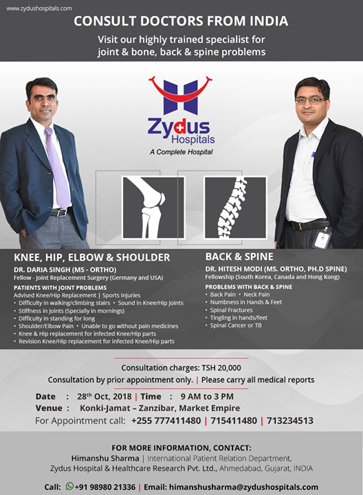 Visit our highly trained doctors from #India! Visit our highly trained specialists for joint & bone, back & spine problems!

28th Oct @ Zanzibar!

#ZydusHospitals #Ahmedabad #GoodHealth #Gujarat