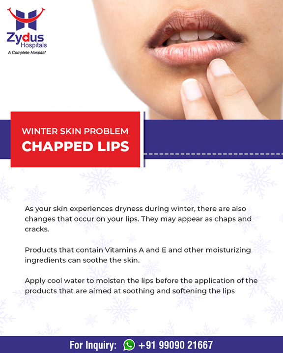Take extra care of your lips and keep them moist with products containing Vitamin A and Vitamin E throughout the day.

#ZydusHospitals #StayHealthy #Ahmedabad #GoodHealth #WinterHealth #SkinProblems