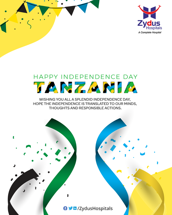 Wishing you all a splendid Independence day, hope the independence is translated to our minds, thoughts and responsible actions. #GodBlessTanzania

#TanzaniaIndependenceDay #IndependenceDay #HappyIndependenceDay #9December #Tanzania #StayHealthy #ZydusCare #ZydusHospitals
