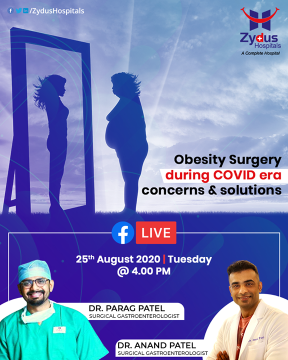 Obesity isn't just a cosmetic concern. It is a medical problem that increases your risk of other diseases and health problems, such as heart disease & diabetes and many more.
 
Dr. Parag Patel (Zydus Anand) & Dr. Anand Patel (Zydus Ahmedabad), Surgical Gastroenterologists are with us on a FB Live Session @ 4PM on 25th August, to shed light on concerns & solutions on 