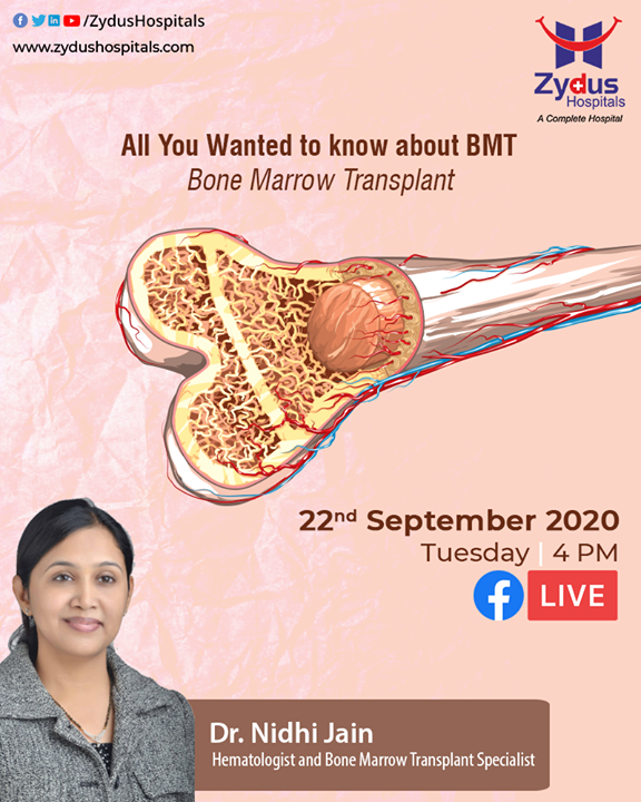 BMT is done to replace bone marrow that has been damaged or destroyed by disease, infection, or chemotherapy. 
Know all about Bone Marrow Transplant by joining the FB Live Session with Dr. Nidhi Jain, Hematologist & Bone Marrow Transplant Specialist, on 22nd September, 2020 @ 4pm IST

#FBLiveSession #FBLive #BoneMarrowTransplant  #ZydusHospitals #Ahmedabad #SmileofGoodHealth