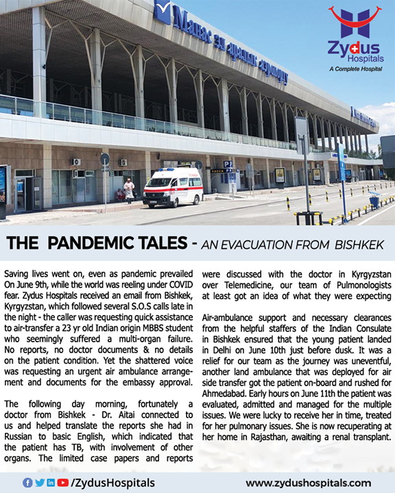 #pandemictales
Pandemic can’t stop us from saving lives. An email from Bishkek was all it took to bring the suffering patient to India. Glad we could treat her pulmonary issues in time and now she is under-recovery.

#ZydusHospitals treated over 8 international patients since the lockdown was imposed and unlock 1 came into effect in India. We express our gratitude to the patients' families for trusting us. 

#ZydusHospitalsCares #ZydusHospitals #PulmonaryIssues #BestHospitalinIndia #medicalnews #medicaladvice #bishkek #kyrgyzstan #patientsafety #PatientCare #medicaltravel #BestHospital #Ahmedabad #SmileofGoodHealth #COVID19