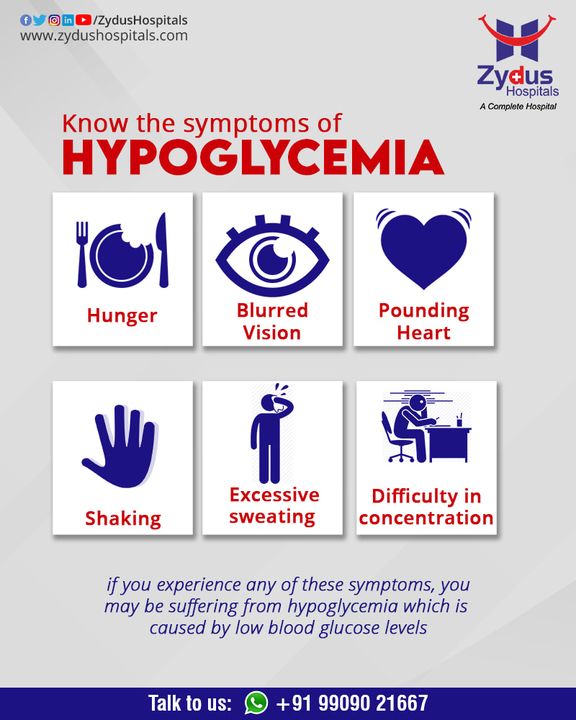 #Glucose is your body's main #energy source and #Hypoglycemia is a condition in which your blood sugar (glucose) level is lower than normal. It is important to recognize these #symptoms and consult a doctor to ensure a #healthy life ahead.

#ZydusHospitals #Ahmedabad #GoodHealth #DiabetesPrevention #BestHospitalInAhmedabad #DiabetesCare #DiabetesAwareness