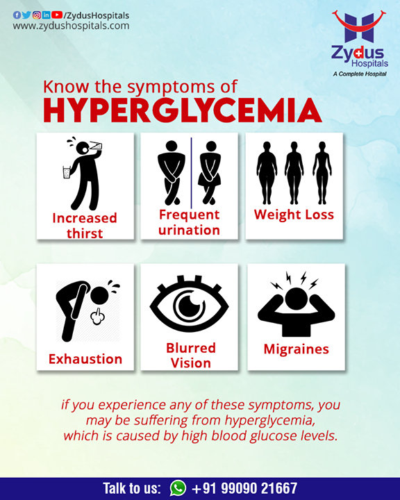 #Hyperglycemia refers to high levels of sugar, or #glucose, in the blood. It occurs when the body does not produce or use enough insulin, which is a #hormone that absorbs glucose into cells for use as energy. It is necessary to understand the #symptoms of Hyperglycemia to avoid more severe diseases.

#ZydusHospitals #Ahmedabad #GoodHealth #DiabetesPrevention #BestHospitalInAhmedabad #DiabetesCare #DiabetesAwareness