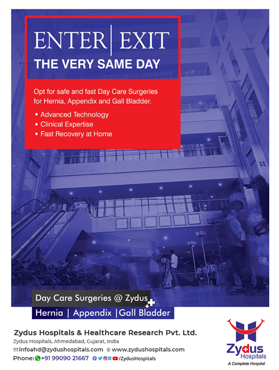 Surgeries have never been this stress-free and easy to handle. Zydus Hospitals is here with a very innovative approach towards Day Care GI Surgeries. Enter and Exit on the very same day and get ensured for a fast recovery at home.

#DayCare #GISurgeries #Hernia #AppendixSurgery #Gallbladder #LaunchingDay #ZydusHospitalsCares #ZydusHospitals #Ahmedabad #SmileofGoodHealth