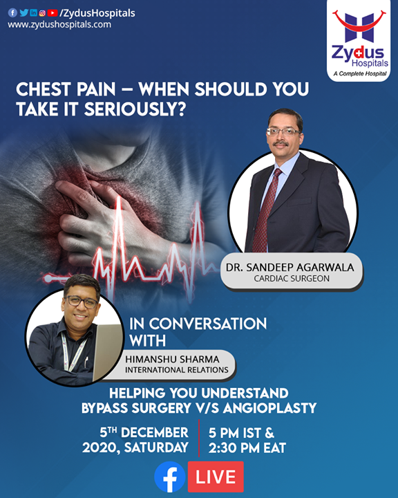 Chest discomfort or pain can be due to varying reasons from trivial problems, such as indigestion or stress, to serious medical emergencies, such as a heart attack, aortic dissections or tear in a major artery or even pulmonary embolism.

Join us for FB live and Understand when not to ignore this.

Saturday, Dec 05, 2020 - 5pm India time & 2:30pm East Africa Time

#FBLive #FacebookLive #chestpain #covid #cardiology #cough #asthma #disease #anxiety #chicaslam #tighthamstrings #raredisease #COVIDHomeCare #ZydusHospitals #BestHospitalinAhmedabad #AhmedabadBestHospital #HeartCare #GoodHealth #SmileofGoodHealth