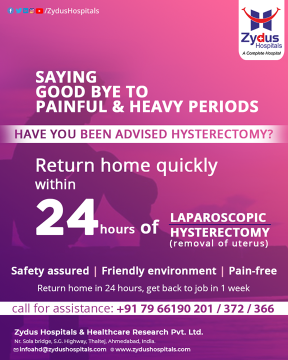 #Hysterectomy is the surgical removal of the #uterus, it may also involve removal of the cervix & ovaries. The surgery can be done for uterine fibroids that cause pain, bleeding, or other problems. During #laparoscopic hysterectomy small incision is made in the belly button and a tiny camera is inserted. The surgeon watches the image from this camera on a TV screen and performs the operative procedure. 

#ZydusHospitals ensure that you get back to your #home healthy and pain free within 24 hours and will be fully recovered in 1 week.

#LaparoscopicHysterectomy #Laproscopy #BestHospitalinAhmedabad #Ahmedabad #GoodHealth