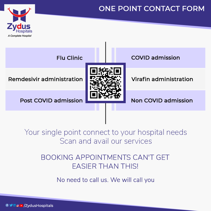 The solution to all your worries, is just a scan away.

With the One Point Contact Form, Zydus Hospitals is revolutionizing the process of booking appointments for OPD and IPD. Just follow the steps and we will get in touch with you ASAP.

Visit - https://www.zydushospitals.com/Zydus-appointment/

#FluClinic #COVIDAdmission #NonCOVIDAdmission #Remdesivir #Virafin #Injection #VirafinDrug #COVID19 #Hospital #Health #ZydusHospitals #HealthCare #StayHealthy #ZydusCare #Ahmedabad #Gujarat #BestHospitalinAhmedabad