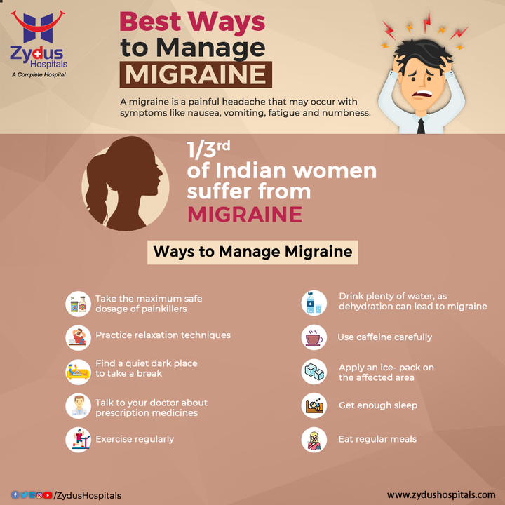 Migraine is a headache of varying intensity, often accompanied by nausea and sensitivity to light and sound. Migraine may vary for different people in terms of triggers, severity, symptoms, and frequency. It is seen that women suffer more from this disease due to the fluctuating estrogen levels. Other factors can be Emotional triggers, Dietary factors, Medications, etc. Following are the certain ways in which one can manage Migraines. 

#Migraine #Headache #Pain #MoodSwings #Hormones #HormonalChanges #WomensHealth #Health #Nausea #ZydusHospitals #Testimonial #HealthCare #HealthyHeart #StayHealthy #ZydusCare #Ahmedabad #Gujarat #BestHospitalinAhmedabad