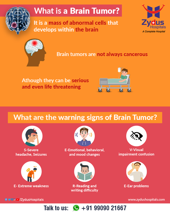 Brain tumors can be non-cancerous (benign) or cancerous (malignant) but they can cause the pressure inside your skull to increase, resulting in brain damage which can be life-threatening. The growth rate as well as the location of a brain tumor determines how it will affect the function of your nervous system. 

#BrainTumor #Tumor #BrainDisorder #Neurologist #Neurology #NervousSystem #Brain #Cancer #Headache #ZydusHospitals #HealthCare #StayHealthy #ZydusCare #BestHospitalinAhmedabad #Ahmedabad #GoodHealth