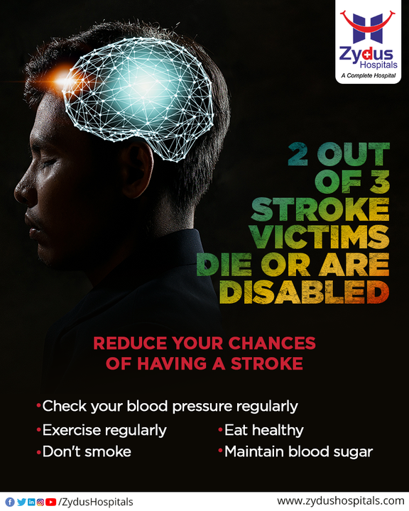 It is no hidden fact that stroke can cause lasting brain damage, long-term disability or even death.

Consequences of stroke are devastating and it is a serious life-threatening condition that happens when blood supply to part of the brain gets cut off. 

According to medical surveys conducted, it is stated that unfortunately 2 out 3 stroke patients die or become disabled. It is always suggested and recommended to embrace prevention and cause no delay to treatment because when it comes to save your life every second counts.

Take a look at the basic lifestyle modification steps that will help you to reduce your chances of having a stroke!

#Stroke #BrainDamage #BrainDisease #BloodClot #SilentKiller #ZydusHospitals #StayHealthy #ZydusCare #BestHospitalinAhmedabad #Ahmedabad #GoodHealth