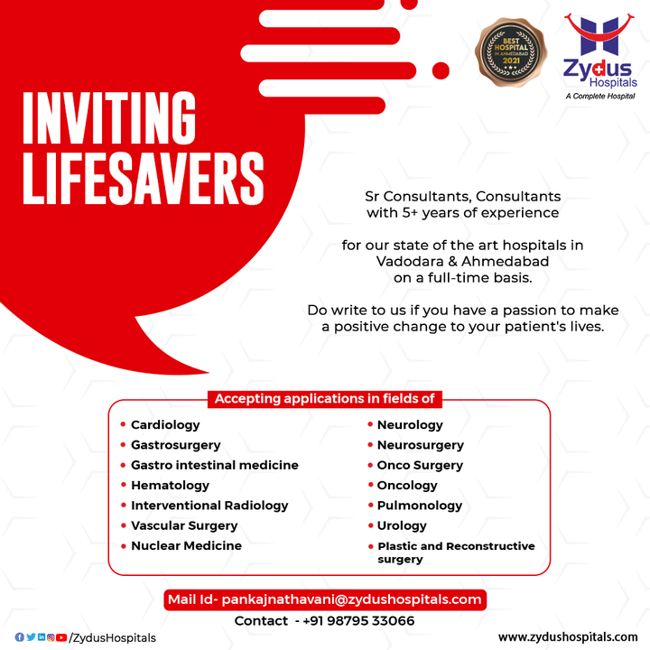 Are you a lifesaver and are you passionate about your work?

Zydus Hospitals Group is inviting Consultants, Senior Consultants to join the Zydus Family on a full time basis.

#Experts #Doctors #Invitation #DedicatedDoctors #Consultants #Cardiology #Gastrology #Neurology #Oncology #Pulmonology #PlasticSurgery #Urology #CareerOpportunity #ZydusHospital #ZydusFamily #BestHospital