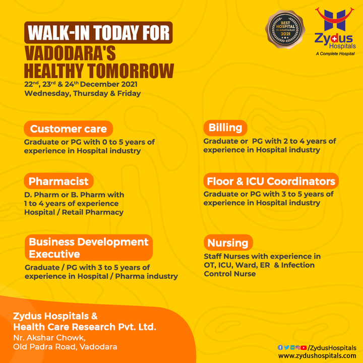 Multiple career opportunities are open for the enthusiastic candidates in Vadodara!

If you have the talent and you wish to make the wishful career dreams come true then walk-in for an interview.

Let us uplift the infrastructure of health and health care together! Walk-in today for Vadodara's healthy tomorrow.

#Baroda #Vadodara #CareerOpportunity #NonClinicalProfessional #WalkInInterview #ExpertCandidates #HiringNow #CustomerCare #Operations #BillingInCharge #BusinessDevelopment #FoodAndBeverage   #ZydusFamily #BestHospitalinAhmedabad #ZydusHospitals #Gujarat
