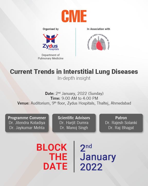 Interstitial lung disease describes large group of disorders, most of which cause progressive scarring of lung tissue. The scarring associated with interstitial lung disease eventually affects your ability to breathe and get enough oxygen into your bloodstream. 

It gives us immense delight sharing that the Department of Pulmunology, Zydus Hospital Ahmedabad in association with ACPG invites you to the academic fest of CME on Current trends in Interstitial Lung Disease. In the program the experts will share their knowledge & experience on ILD which is a common devastating lung disorder.

Block the Date, Time & Venue to catch the highlight of the insightful information

#LungDisease #ChronicIllness #LungHealth #COVID #ChronicLungDisease #Lungs #PulmonaryFibrosis #ZydusFamily #BestHospitalinAhmedabad #ZydusHospitals #Gujarat