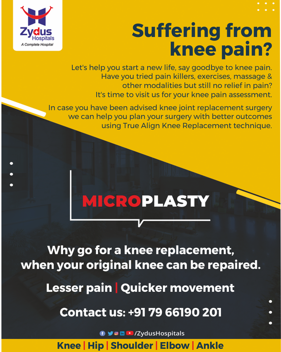 Are you still suffering from knee pain?

People from the ancient times did not have the option to rule out this disorder but you have.

Microplasty will help you to have no pain from knee pain. It's the high time to think beyond knee replacement and get rid of the consumption of pain killers because we will help you to get your own knee repaired. 

Visit  Zydus Hospitals for your knee assessment!

#NoPain #KneePainRelief #KneeTreatment #KneeDisorder #KneePain #Microplasty #ZydusHospitals #StayHealthy #ZydusCare #BestHospitalInAhmedabad #Ahmedabad