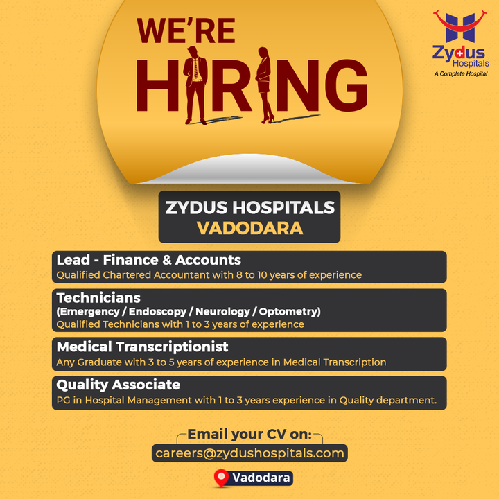 The Banyan City; Vadodara is full of talented, aspiring & young enthusiasts.

Zydus Hospitals is offering the charismatic career opportunities at Vadodara for the talented candidates like you. 

If you wish to explore the best career opportunities, then share your profile on: careers@zydushospitals.com

Be enthusiastic and wear willingness on your sleeves to grab the opportunity.

#Vadodara #CareerOpportunity #HiringNow #FinanceAccounts #Technicians #MedicalTranscriptionists #QualityAssociates #ZydusFamily #BestHospitalinAhmedabad #ZydusHospitals #Gujarat