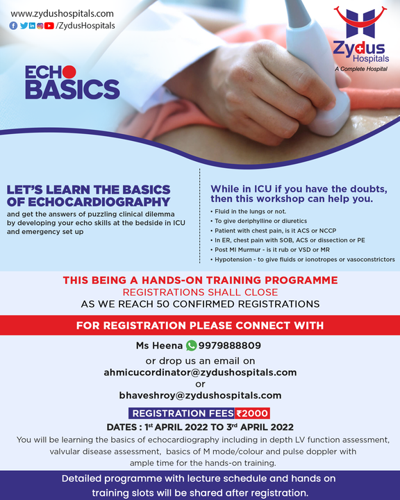 #EchoBasics  

This hands on training programme, the echocardiography workshop, will help you to gain the essential knowledge in a user-friendly way - so that you can become an expert. It will help you conduct the Echo tests in more effective ways. 

Be the voice which echoes Good Heart Health for all! 
Register in time!

#EchoCardiography #2DEcho #EchoCardiogram #Cardiography #Cardiology #HeartCare #HeartHealth #Workshop #TrainingProgramme #ZydusHospitals #ZydusCare #BestHospitalInAhmedabad #Gujarat