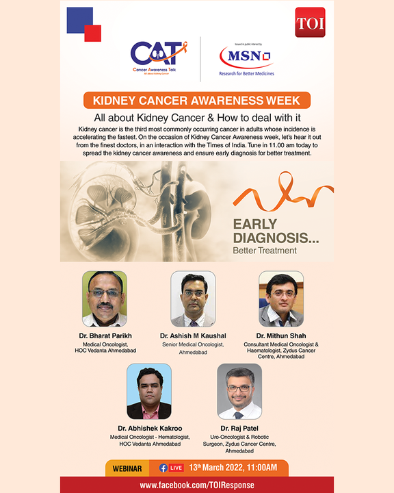 Not talking about CANCER never helps to get rid from it!
It's the time to uncover an array of facts about kidney cancer with the best doctors of Zydus Cancer Centre in interaction with the Times Of India. 
Watch the LIVE and say yes to early detection and better treatment!
#LIVE #Webinar #KidneyCancerAwareness #KidneyCancer #TOI #TimesOfIndia #CancerAwareness #ZydusHospitals #ZydusCancerCentre #CancerCentre #CancerTherapy #CancerTreatment #Cancer #CancerousDiseases #BeatCancer #CancerAwareness #CancerSpecialists #StayHealthy #ZydusCare #BestHospitalinAhmedabad #Ahmedabad #CancerHospital