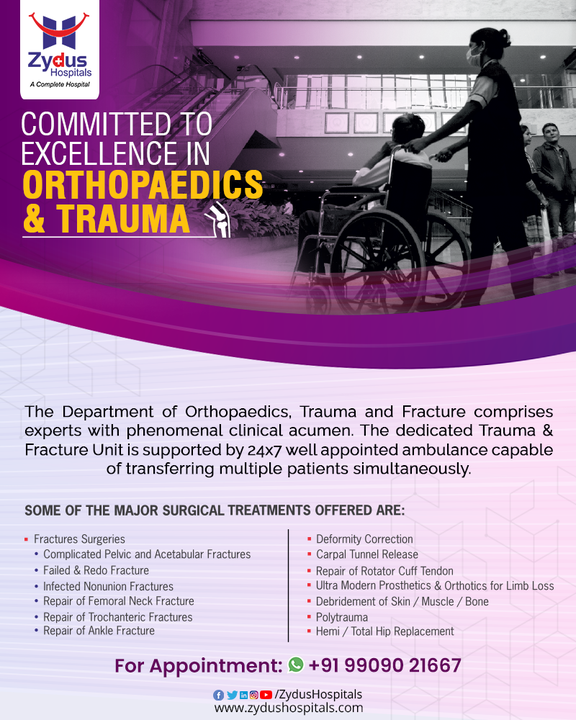 The word trauma often remains associated with orthopaedics, majority of the times; and the traumatic tales are really painfully most of the times.

At Zydus Hospitals, we have a dedicated team of orthopedic specialists to help you go from pain to no pain. 

The specialized trauma unit manages critical patients with multiple complications and are supported by full time team of super specialized doctors.

#NoPain #Orthopaedic #Orthopaedics #Trauma #Emergency #EmergencyCare #Bone #Fracture #KneePain #DeformityCorrection #RoadTrafficAccident #ZydusHospitals #HealthCare #StayHealthy #ZydusCare #BestHospitalinAhmedabad #Ahmedabad #GoodHealth