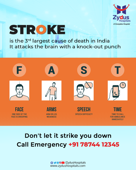 Stroke can be really fatal!
It can make one fall in no times. 

Stroke occurs due to a decrease/blockage in the brain's blood supply. Not all strokes are life threatening but a person experiencing stroke needs immediate emergency treatment. The sooner the patient receives treatment the less damage is likely to happen.

In-case you observe any of the stroke symptoms, contact Zydus Emergency : +91 78 744 12345

#Stroke #StrokeSoon #ActFAST  #ZydusHospitals #HealthCare #StayHealthy #ZydusCare #BestHospitalinAhmedabad #Ahmedabad #GoodHealth #Neurology #Brain #Neuromedicine #StrokeSpecialist