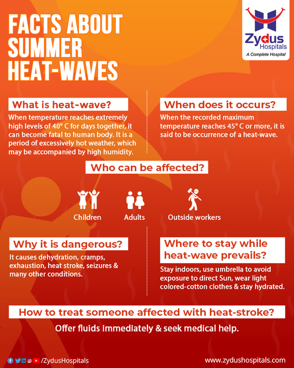 Alert: The notification of heat-waves is here!

Summer season has made the inevitable come-back; dry, hot, humid & scorching vibes are back with the fatal summer-waves. 
Heat waves can be a serious health threat but you can avoid the risks with a few tweaks to your summer plans.

Zydus Hospitals recommends everyone to understand the seriousness of the matter and not to take it lightly. 
A little bit of negligence can take a toll; so ensure staying hydrated by consuming adequate amount of liquids, dress appropriately, avoid direct exposure to the Sun and avoid strenuous activities when the outside temperature is high.

This year, let us keep beating the heat-waves together.

#SummerCare #TipOfTheDay #HeatWaves #SummerHeatWaves #BeatTheHeat #DressRight #StayHydrated #AvoidSun  #ZydusHospitals #HealthCare #StayHealthy #ZydusCare #BestHospitalinAhmedabad #Ahmedabad #GoodHealth