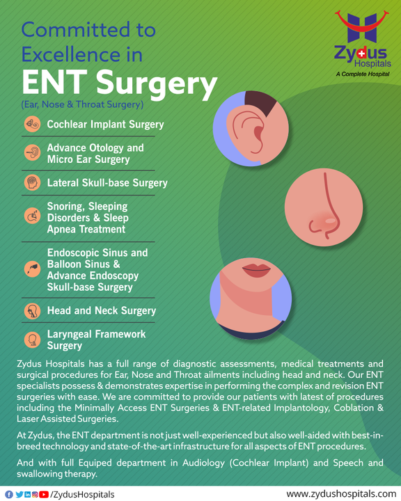 A little disturbance today can lead to greater disturbances in future so take no risk. 

Ears, Nose & Throat of yours are preciously important so you must take their best possible care.

In case you face any discomfort or any symptoms then make no delay to contact the ENT specialists.

#ENT #Medicine #Doctor #Surgery #Medical #Otolaryngology #Rhinoplasty #HearingLoss #ZydusHospitals #HealthCare #StayHealthy #ZydusCare #BestHospitalinAhmedabad #Ahmedabad #GoodHealth