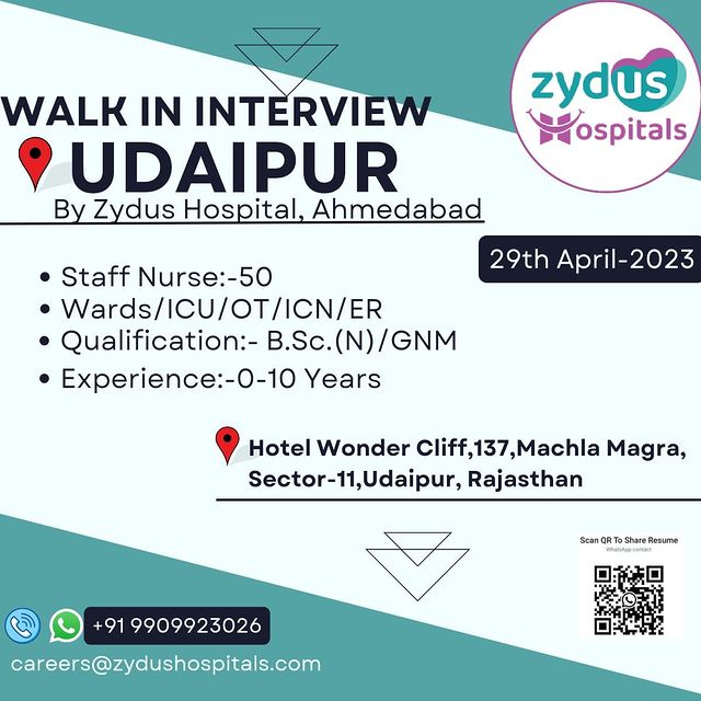 Zydus Hospitals, Ahmedabad is #Hiring 50 candidates for the position of Nurse for Wards / ICU / OT / ICN / ER

Interested candidates can be a part of the walk-in interview in Udaipur.

Qualification: B.Sc. (N) / GNM
Experience: 0-10 years
Date: 29th April, 2023
Venue: Hotel Wonder Cliff, 137, Machla Magra, Sector 11, Udaipur, Rajasthan

For further details, feel free to contact: +91 99099 23026

#Hiring #WeAreHiring #CareerOpportunity #JobOpening #ZydusIsHiring #interview #WalkInInterview #StaffNurse #ZydusCareers #CareerWithZydus #ZydusHospitals #ZydusFamily #BestHospitalInAhmedabad #Ahmedabad #Gujarat