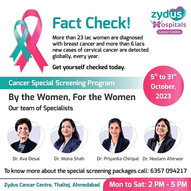 Dear Women,
Zydus Hospitals is organizing a special screening program, exclusively for the women, by the women, from the 5th to the 31st of October.

Join us in our special initiative dedicated to minimizing the impact of Breast and Cervical cancers through early detection. To know more, book an appointment 6357094217

#WomensHealth #BreastCancerScreening #CervicalCancerScreening #EarlyDetection #WomensWellness #ZydusHospitals #CancerPrevention #HealthcareForWomen #BreastHealth #CervicalHealth #CancerAwareness #HealthCheckup #ZydusCares #LinkedInTrending #WellnessInitiative #EmpowerWomen #HealthcareIndia #CancerScreeningProgram #PreventiveHealthcare #HealthcareForHer #BookAnAppointment #ZydusInitiative #HealthForWomen #BreastCancerAwareness #CervicalCancerPrevention