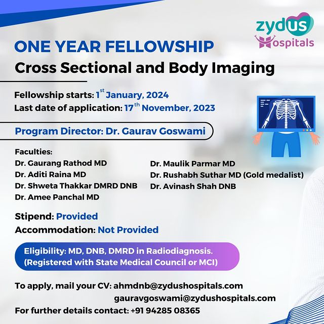 Join our ONE-YEAR FELLOWSHIP in Cross-Sectional and Body Imaging for an immersive experience. Our program includes bi-monthly modality rotation, multi-disciplinary discussions, and dedicated rotations in PET CT imaging. You'll engage in weekly case-based discussions and have opportunities for research and paper publications. Dive deep into advanced imaging, trauma-emergency radiology, and a wide range of body imaging. Our expert-led sessions cover areas like vascular, neuroradiology, cardiac imaging, and more. Apply now by emailing your CV to ahmdnb@zydushospitals.com. Don't miss out on this exciting opportunity!

The application deadline is 17th November, 2023.

#FellowshipProgram #MedicalTraining #RadiologyFellowship #BodyImaging #CrossSectionalImaging #AdvancedRadiology #ZydusHospitals #MedicalEducation #ImagingSpecialist #HealthcareTraining #RadiologyEducation #ResearchOpportunity #MedicalPublication #AdvancedTraining