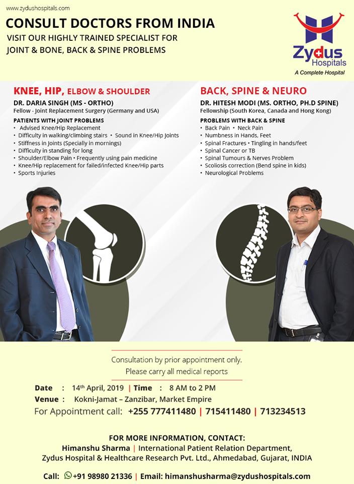 Visit our highly trained specialist for joint & bone, back & spine problems on 14th April at #KokniJamat, #Zanzibar!

#ZydusHospitals #Ahmedabad #GoodHealth #WeCare https://t.co/XXBya2e7LS