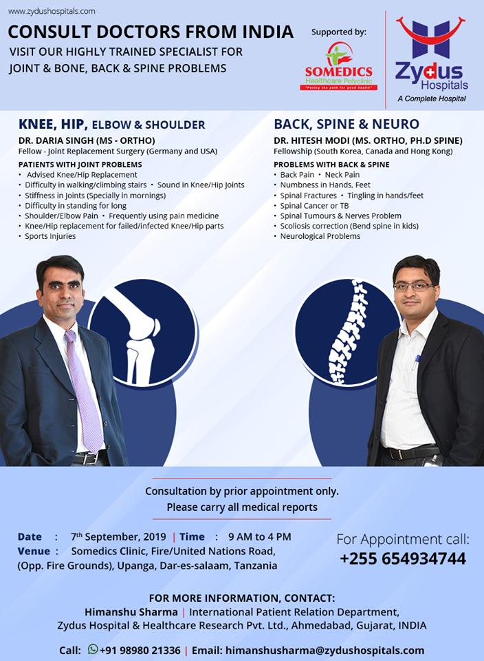 Visit our highly trained specialist for joint & bone, back & spine problems on 7th September 2019 at Somedics clinic @ Dar-es-salaam, #Tanzania!

#ZydusHospitals #Ahmedabad #GoodHealth #WeCare https://t.co/0WDmCOZoKQ