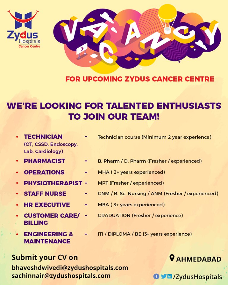 We are looking for enthusiastic individuals to join our growing team at Zydus Hospitals!

#SoaringOpportunities #Recruitment #ZydusCare #ZydusHospitals #Ahmedabad #Gujarat https://t.co/I376iqHas5