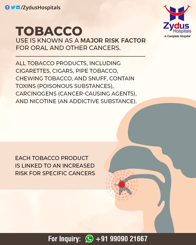 Tobacco use is known as a major risk factor for oral and other cancers.

#CancerCare #OralCancer #ZydusCare #ZydusHospitals #Ahmedabad #Gujarat https://t.co/eFD16X2Upl