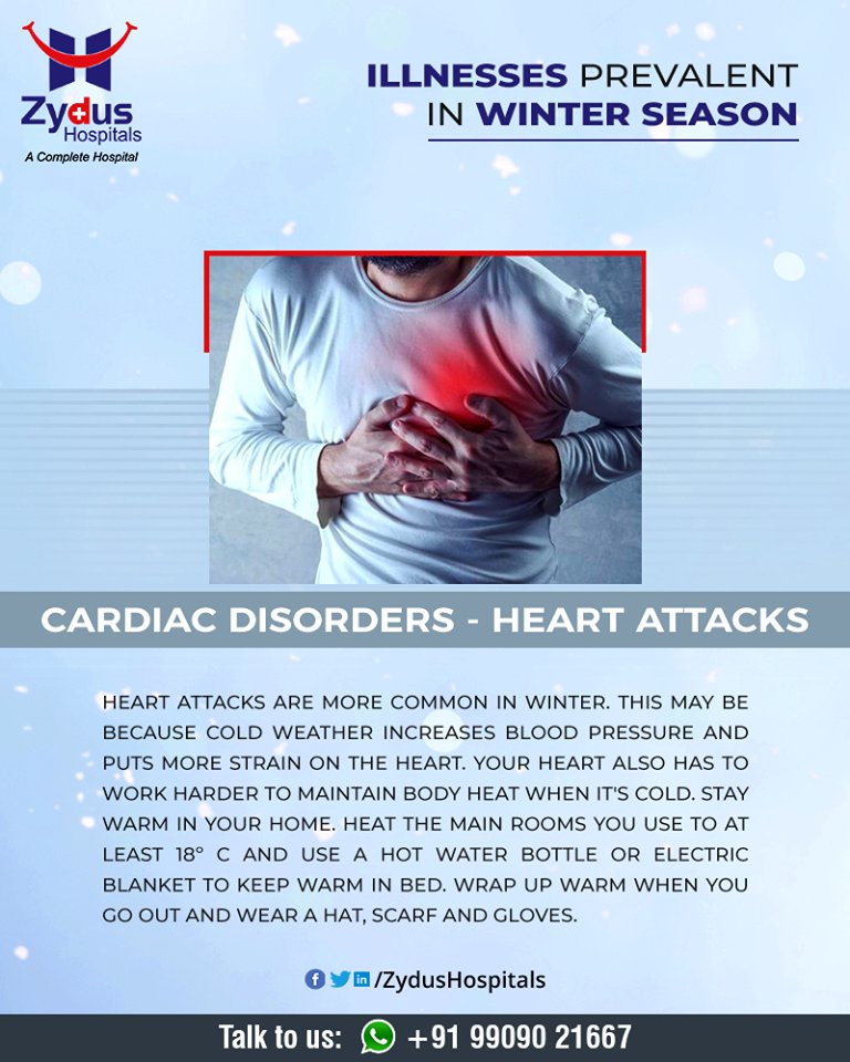 Cardiovascular disease affects the heart and blood vessels. Your heart also has to work harder to maintain body heat when it's cold.

#HeartCare #HeartDisease #Winter #GoodHeartCare #StayHealthy #ZydusCare #ZydusHospitals #Ahmedabad #Gujarat https://t.co/VQpRe6ltTV