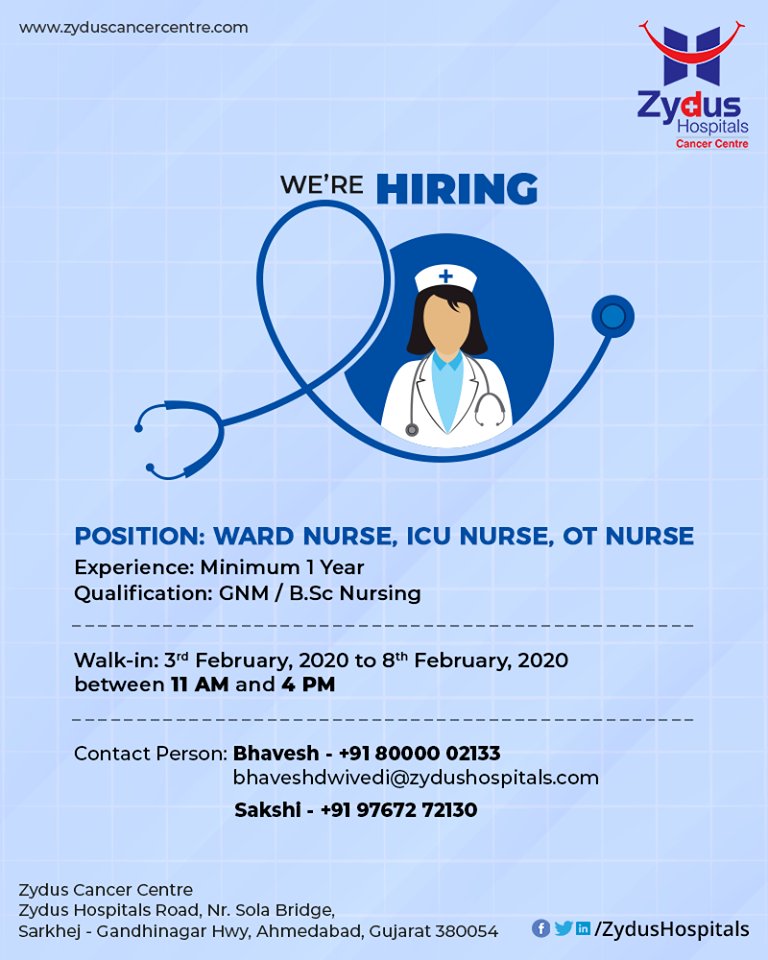 We are looking for Ward Nurse, ICU Nurse, OT Nurse.

#RecruitmentOpen #WardNurse #OTNurse #ICUNurse #ZydusHospitals #ZydusHospitalsCancerCentre #StayHealthy #Ahmedabad #GoodHealth #NursingCare #PassionForNursing #PassionForCare #NurseRecruitment https://t.co/Yum5EnWamt