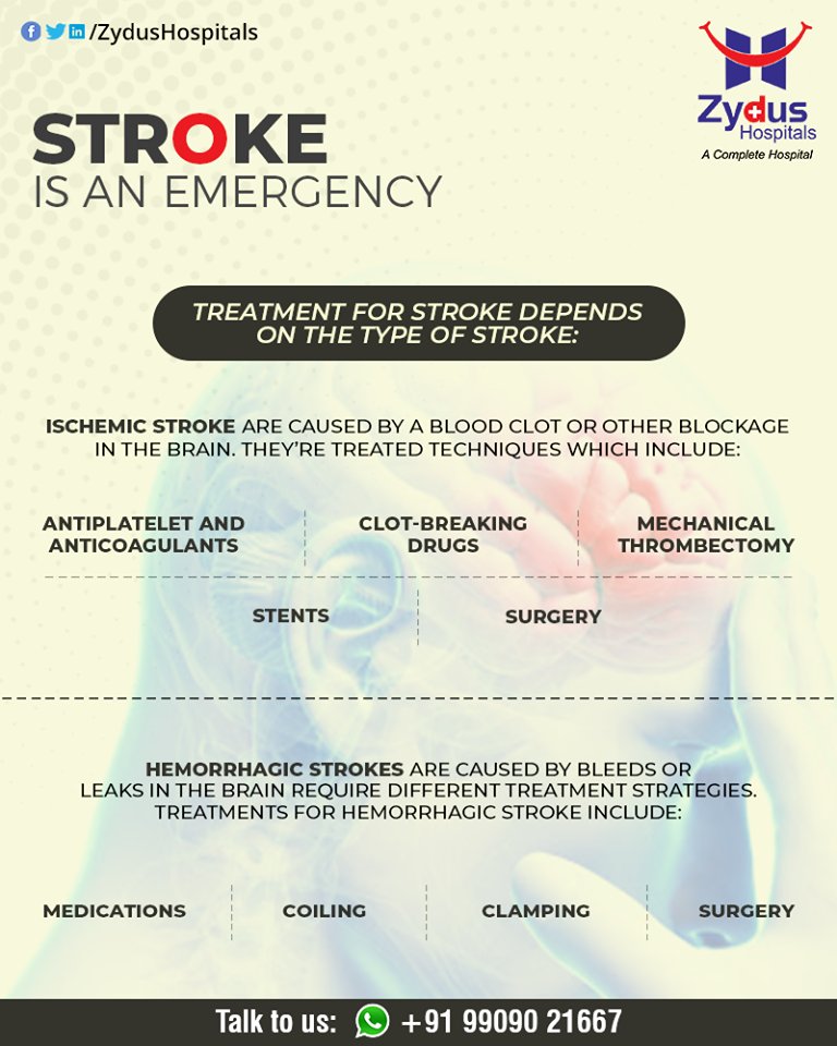 Treatment depends on the type of stroke: ischemic or hemorrhagic.

#BrainStroke #Stroke #StrokeCare #ZydusHospitals #HealthCare #ZydusCare #Ahmedabad https://t.co/omTMuEdpYf