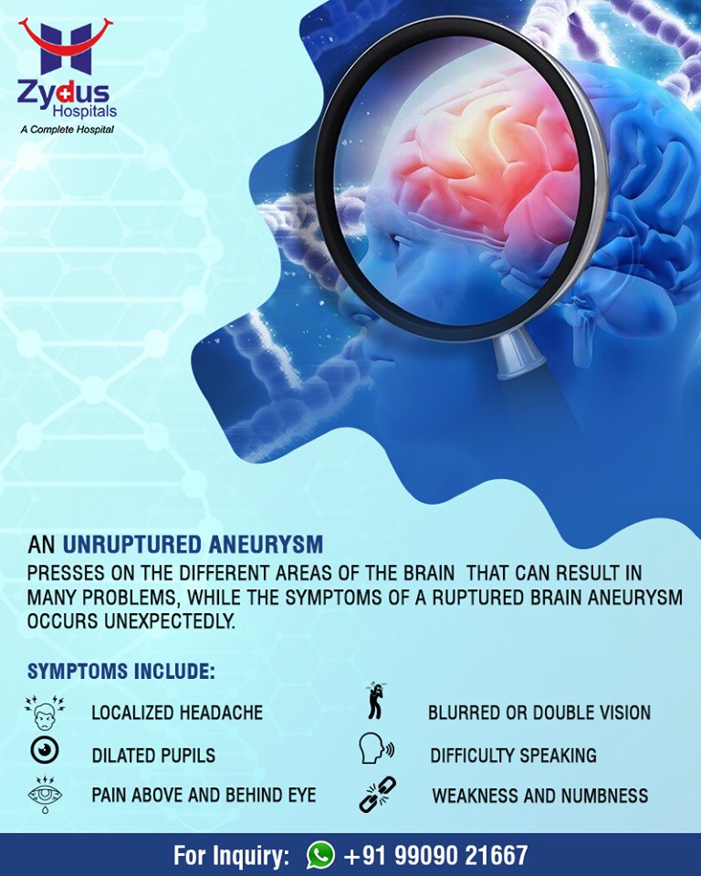 An unruptured aneurysm presses on the different areas of the brain that can result in many problems!

#NeuroSurgery #BrainAneurysms #ZydusHospital #Ahmedabad #Gujarat https://t.co/vJmnAqZQHN