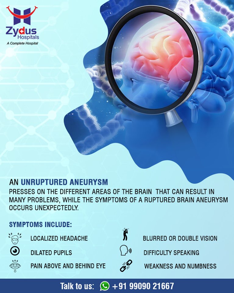 An unruptured aneurysm presses on the different areas of the brain that can result in many problems!

#NeuroSurgery #BrainAneurysms #ZydusHospital #Ahmedabad #Gujarat https://t.co/nt7Esy5oyu
