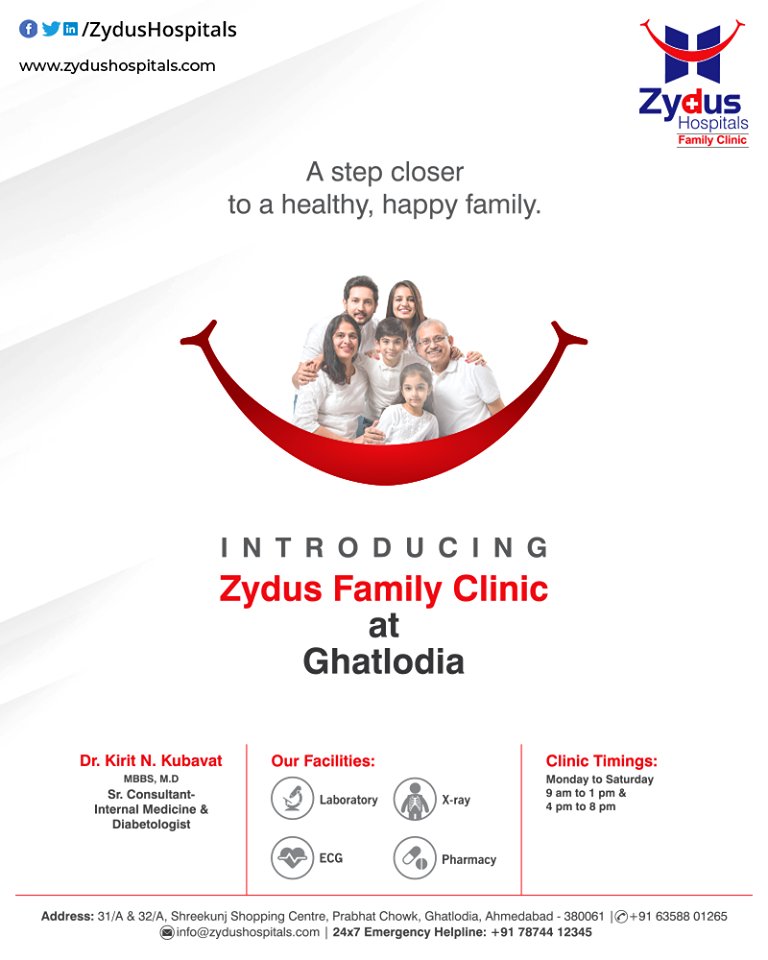 A step closer to a healthy, happy family.

Introducing Zydus Family Clinic at Ghatlodia.

#ZydusFamilyClinic #ZydusCare #ZydusHospitals #Ahmedabad #Gujarat https://t.co/QXBRGqWe3d