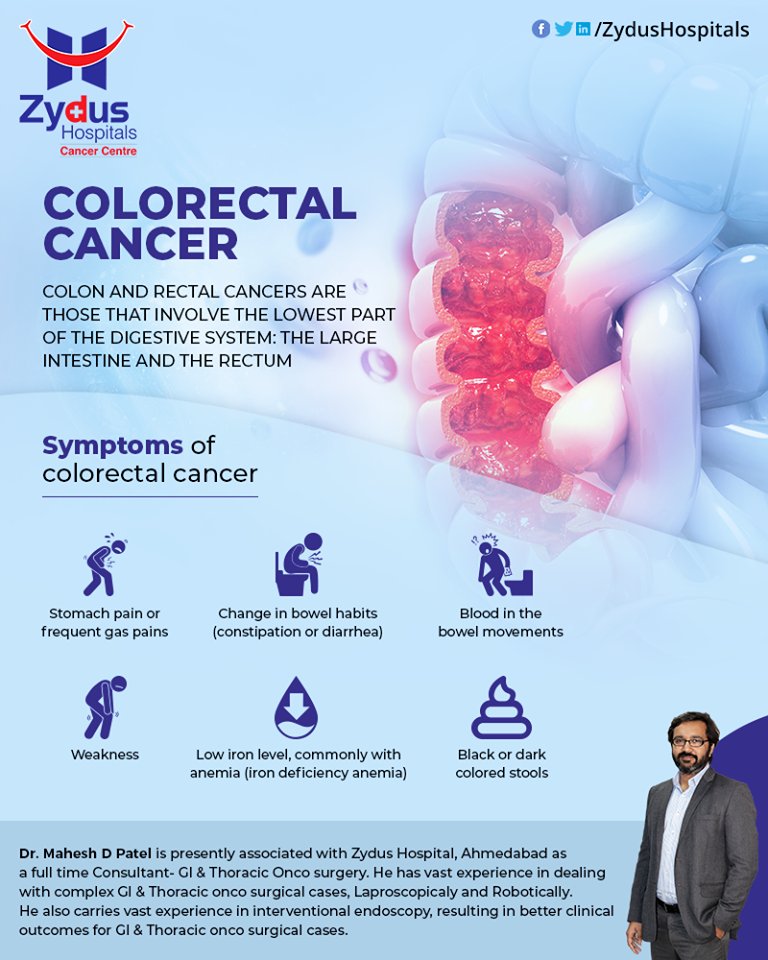 Colorectal cancer symptoms depend on the size and location of the cancer. Some commonly experienced symptoms include changes in bowel habits, changes in stool consistency, blood in the stool and abdominal discomfort.

#ZydusCare #ZydusHospitals #Ahmedabad #Gujarat https://t.co/hDUKOaFrOi