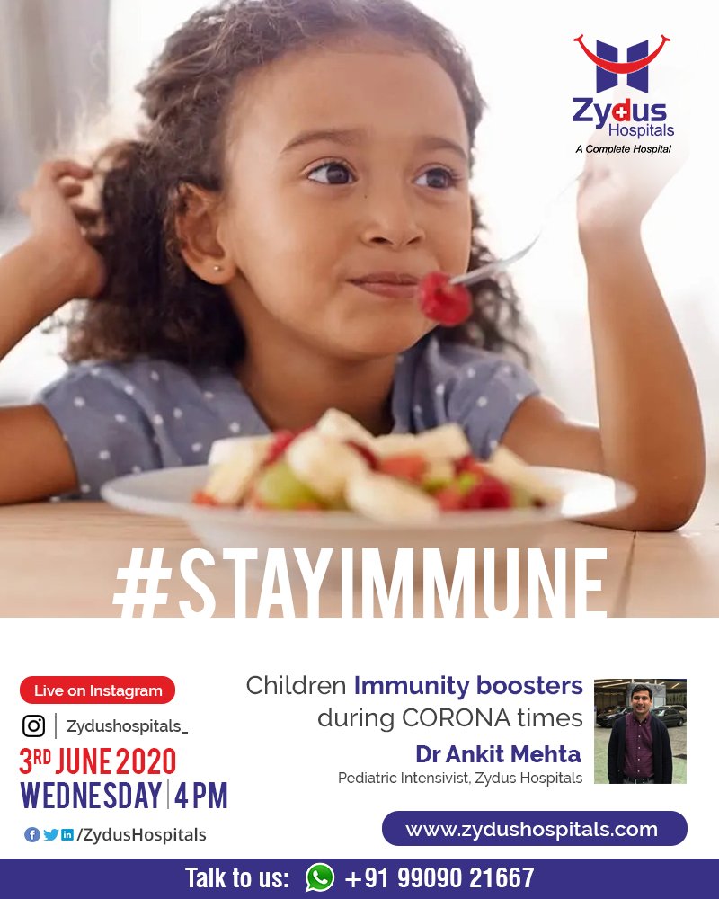 Kids & #COVID - Can my kid catch corona infection?
Join us for a #InstaLive session with Dr. Ankit Mehta, #Pediatric Intensivist, #ZydusHospitals, Ahmedabad and learn about #immunity boosters in #children during COVID times.

3rd June, 2020 - Wednesday @ 4 PM IST https://t.co/USzWsD3oFR
