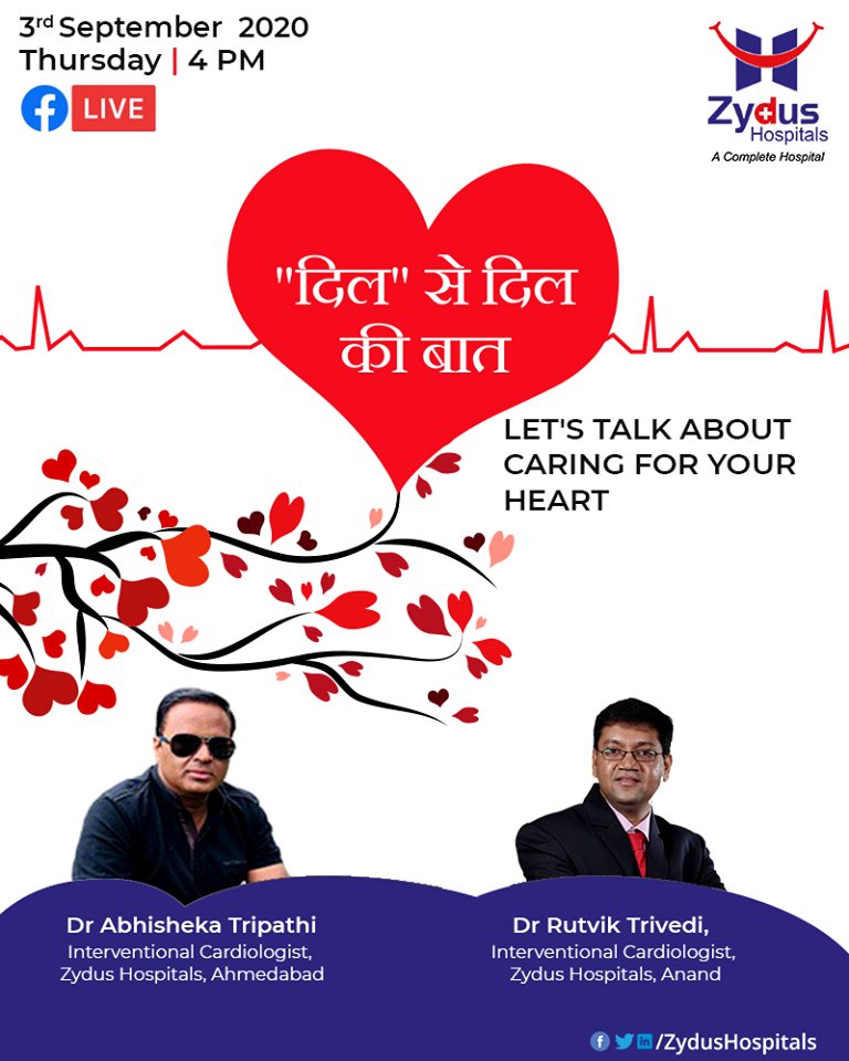 Let's talk about caring for your heart in a FB Live Session with our Interventional Cardiologists - Dr. Abhisheka Tripathi (Zydus Hospitals, Ahmedabad) 
ReadMore:https://t.co/nSdmRviUgw

#FBLive #FacebookLive #HeartCare #ZydusHospitals #Ahmedabad #SmileofGoodHealth https://t.co/J9cMDeZCXp