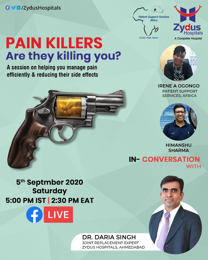 Let's learn from Dr.Daria Singh on judicious use of pain medication. He will be joined by Irene (Patient Support Services, Africa) & Himanshu Sharma (International Relations - Zydus Hospitals)

Be there.

#FBLiveSession #Painkillers #FBLive #PerilsofPainkillers #ZydusHospitals https://t.co/8xcBJje8Pm