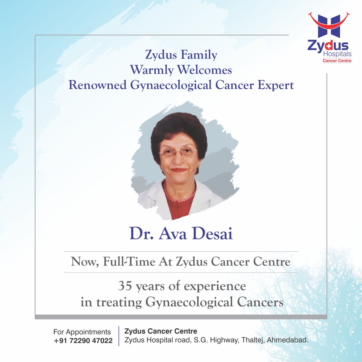 We are very pleased to welcome Gynaec-Onco Expert, Dr. Ava Desai to our Zydus Family. Dr. Ava brings with her decades of experience & a passion for medical sciences. We are surely looking forward to learn a lot from her.
#ZydusCancerCentre #GynaecologicalCancers #BestCancerCentre https://t.co/eDdjvPUhDb