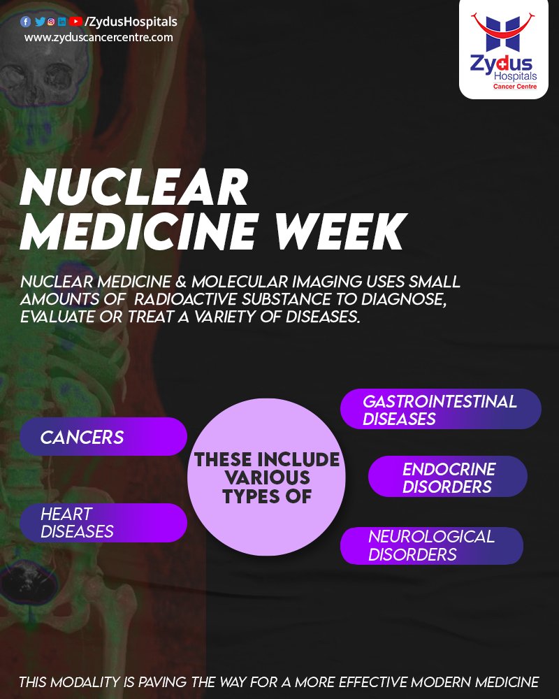 On the evoke of #NuclearMedicine Week, let us spread awareness about using this #technology to identify issues in the earliest stages of a #disease.
Zydus Cancer Centre offers complete #Nuclear Medicine services like SPECT scan, #PET CT,#Radionuclide Therapy, #Immunotherapy &more https://t.co/z60DOdfGSc
